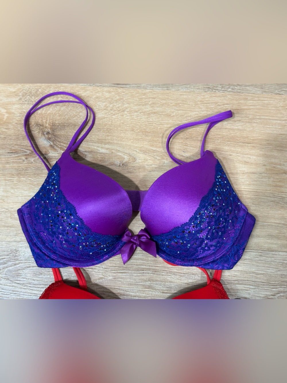 Victoria's Secret Purple, Red and Black Lace Push-Up Bra Set Size 34B - Picture 2 of 8